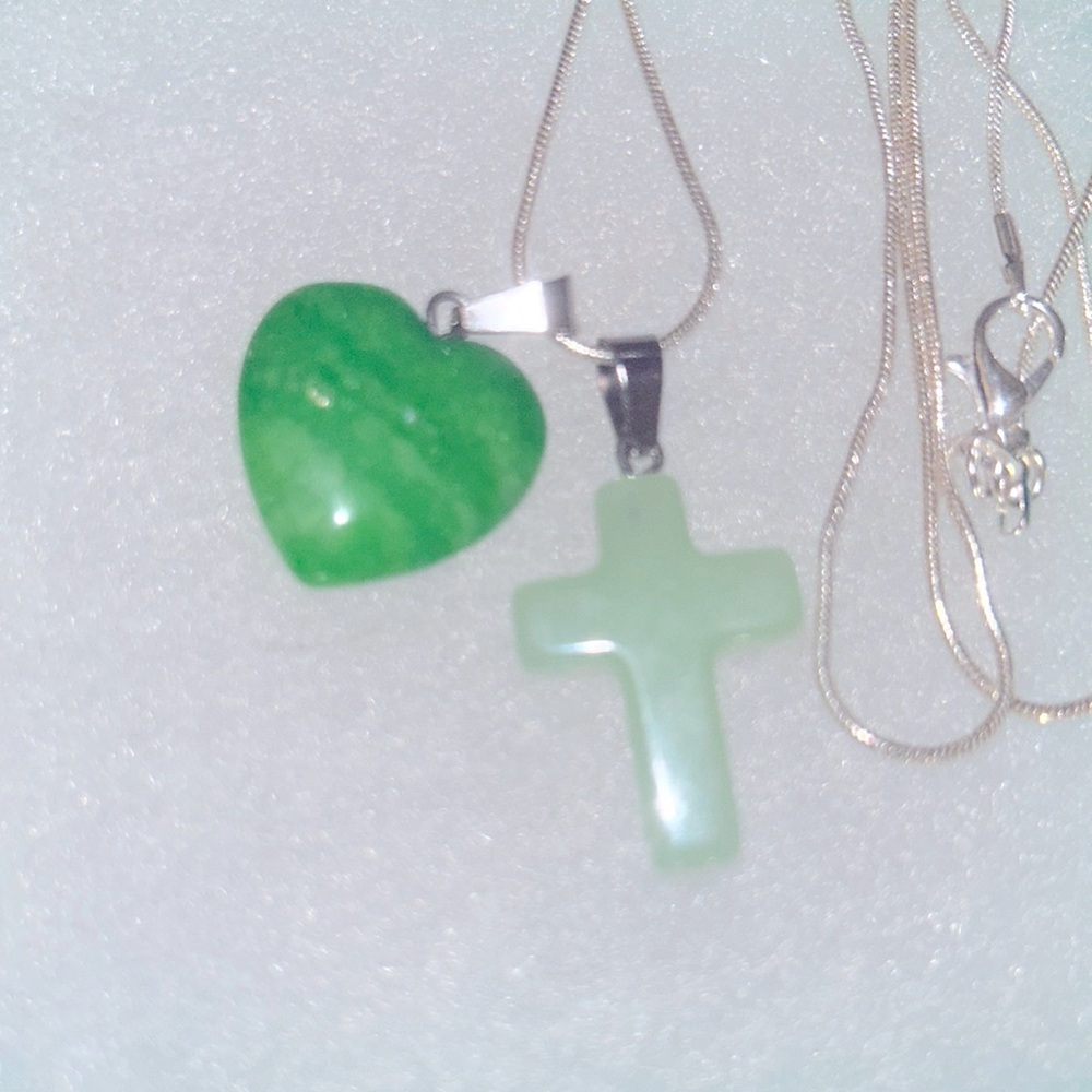 Boho hippie Jade Cross and Heart Sterling Silver 24” Necklace